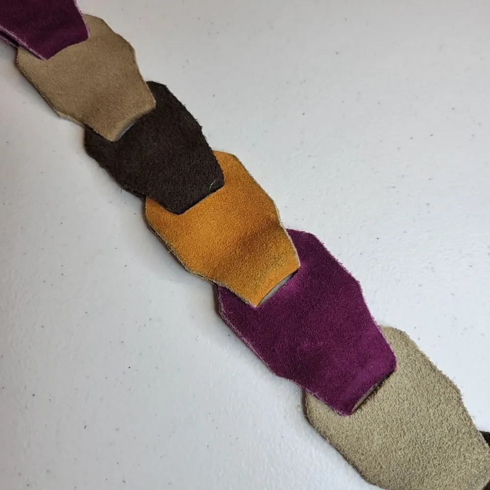 Vintage Multi Color Suede Link Belt with Silver Toned Buckle Brown Red Purple